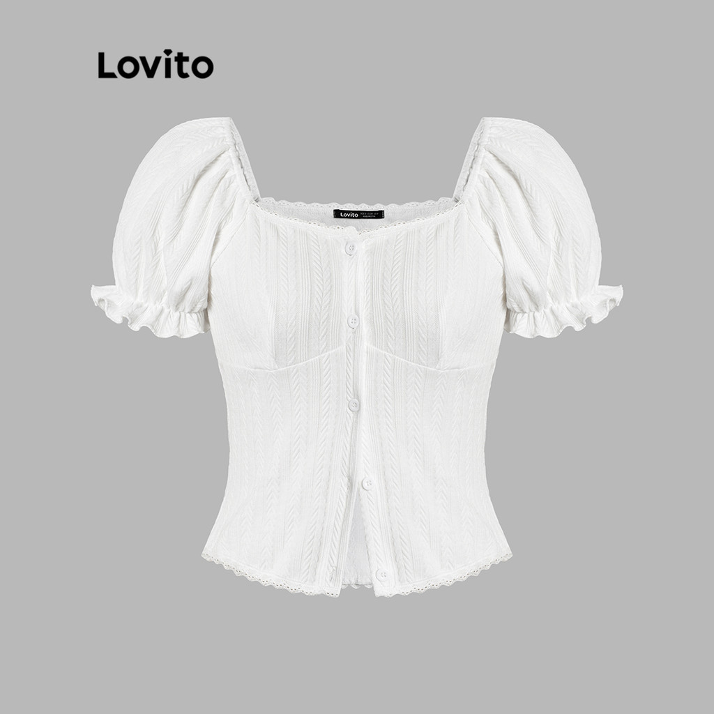 Lovito Blusa Com Botão Frontal De Renda E Mangas Bufantes Com Decote Coração Para Mulheres L45AD075 (Esbranquiçado) em Oferta na Shopee