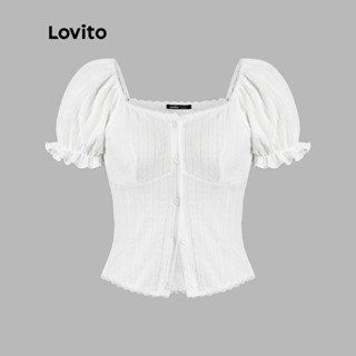 Lovito Blusa Com Botão Frontal De Renda E Mangas Bufantes Com Decote Coração Para Mulheres L45AD075 (Esbranquiçado) em Oferta na Shopee