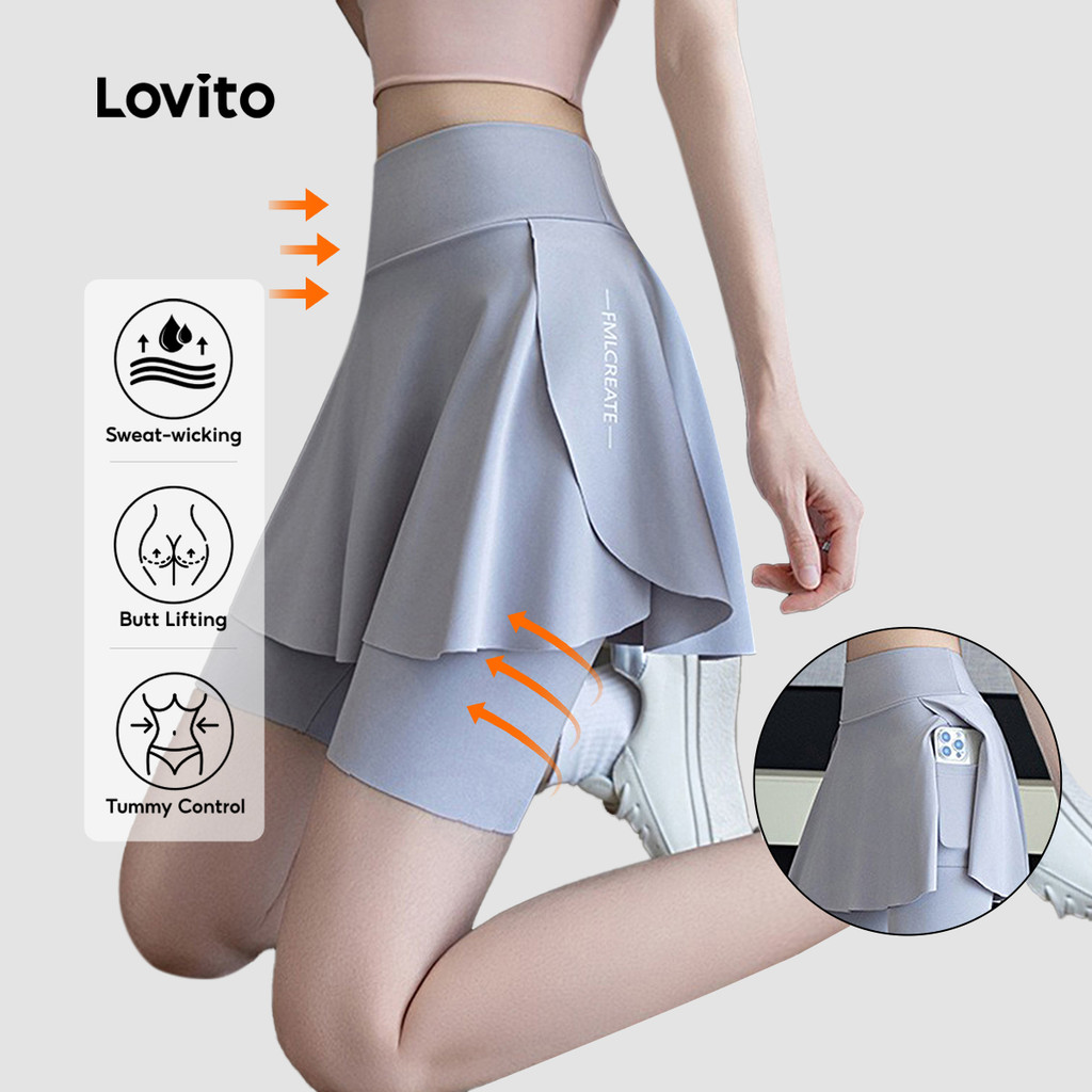 Lovito Shorts Esportivos 2 em 1 controle de barriga Corrida Yoga Pickleball Tênis Ciclismo Mulheres LNA109077 em Oferta na Shopee