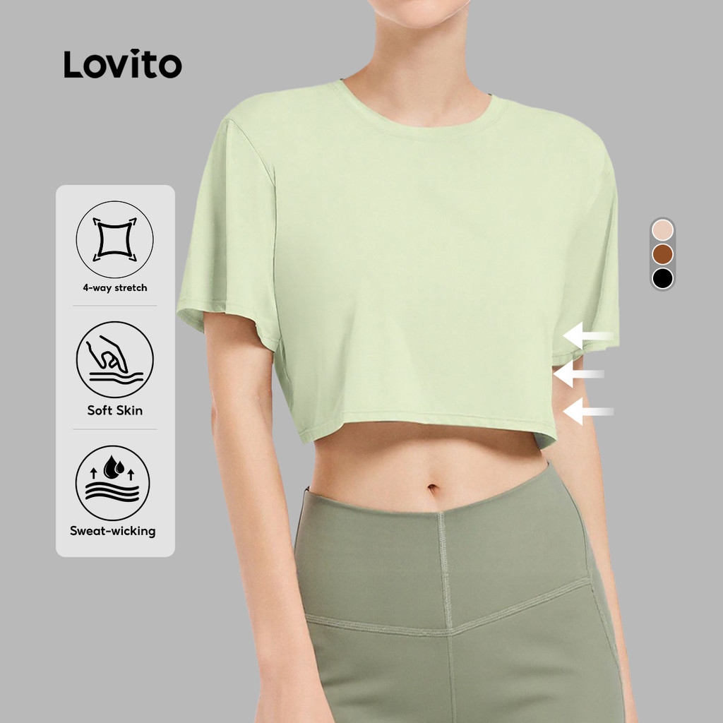 Lovito Camiseta Esportiva Sporty de Manga Curta e Secagem Rápida para Yoga Pickleball e Corrida para Mulheres LNL75219 em Oferta na Shopee