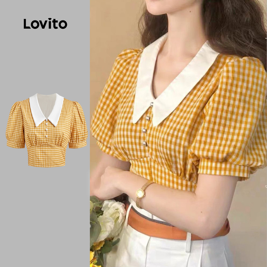 Lovito Blusa Casual xadrez Colorblock pérolas para mulheres L129ED598 em Oferta na Shopee