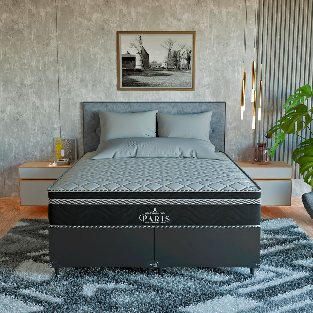 Cama Box Queen Couro Preto + Colchão Paris Molas Cores