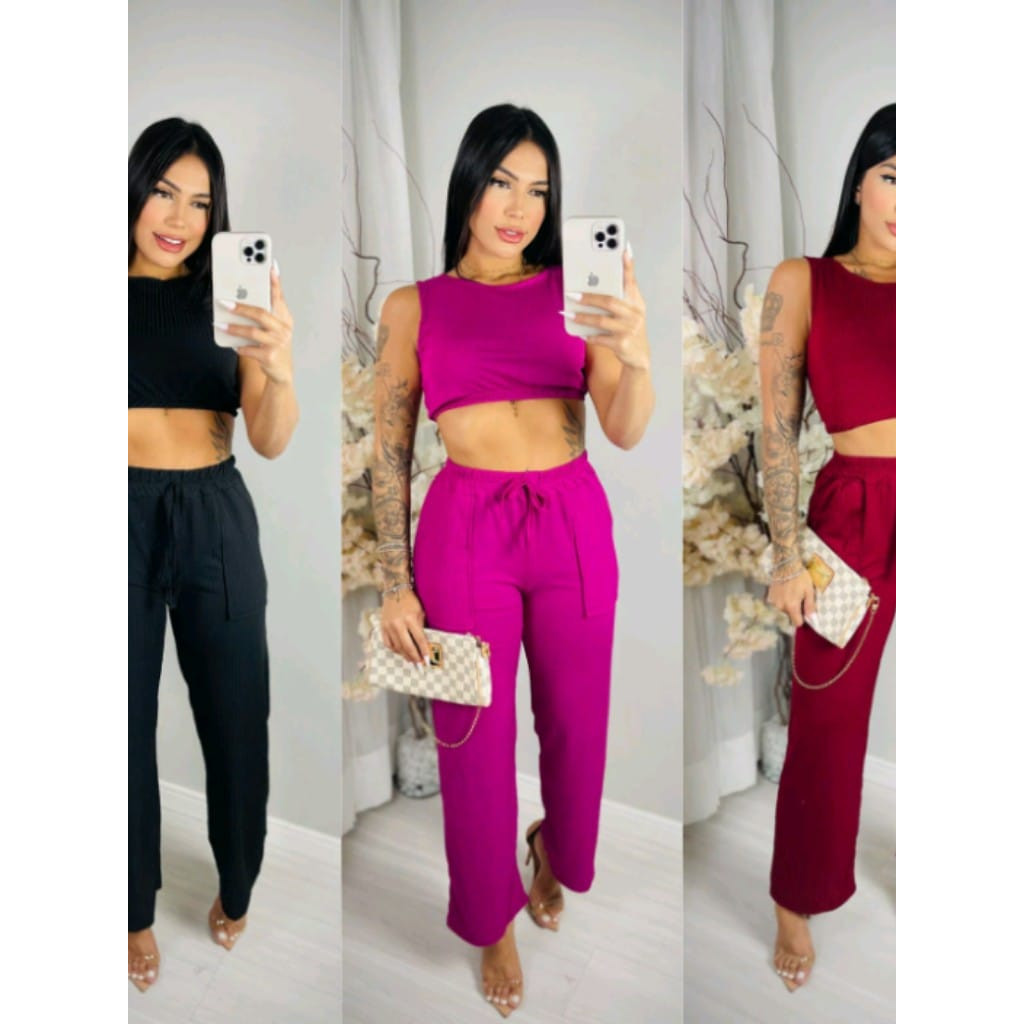 Conjunto Feminino Calça Larga + Cropped Regatinha com Elástico Look confortável e moderno para dia a dia passeio e verão em Oferta na Shopee