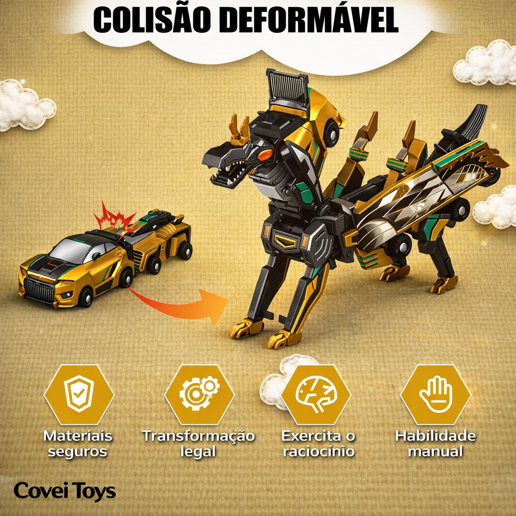 Brinquedo Colisão Animal Carrinho 2 Em 1 Transforma Em Dragão Dourado Covei Toys