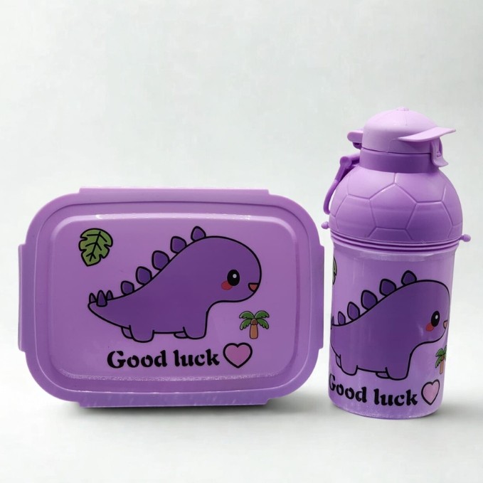 Kit Marmita Dino Completo com Divisórias Internas e Garrafa com Vedação Antivazamento