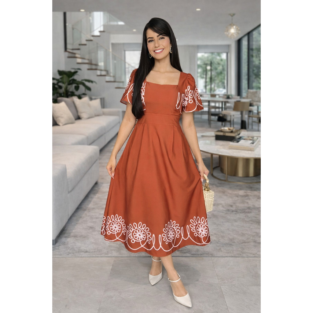 Vestido rodado max midi manga sino estampado moda modesta