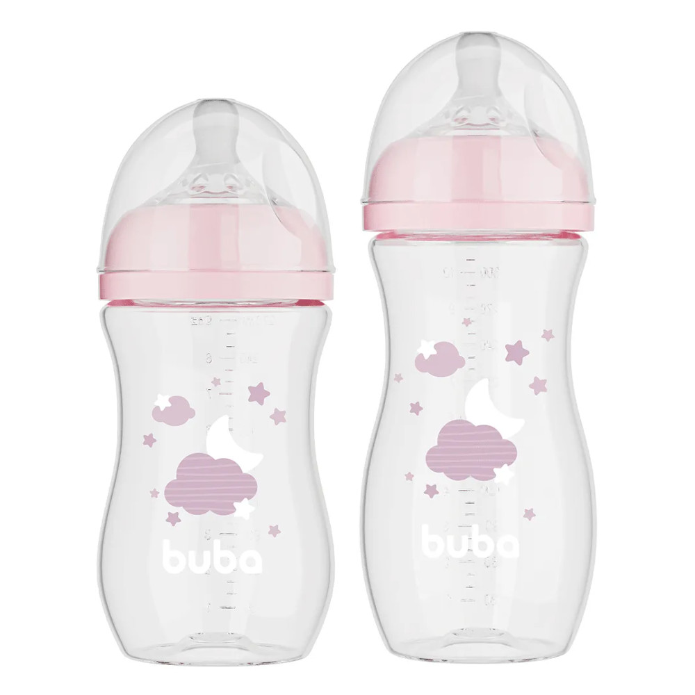 Kit C/2 Mamadeiras Easy Flow BUBA 270ml e 330ml Nuvem Rosa em Oferta na Shopee