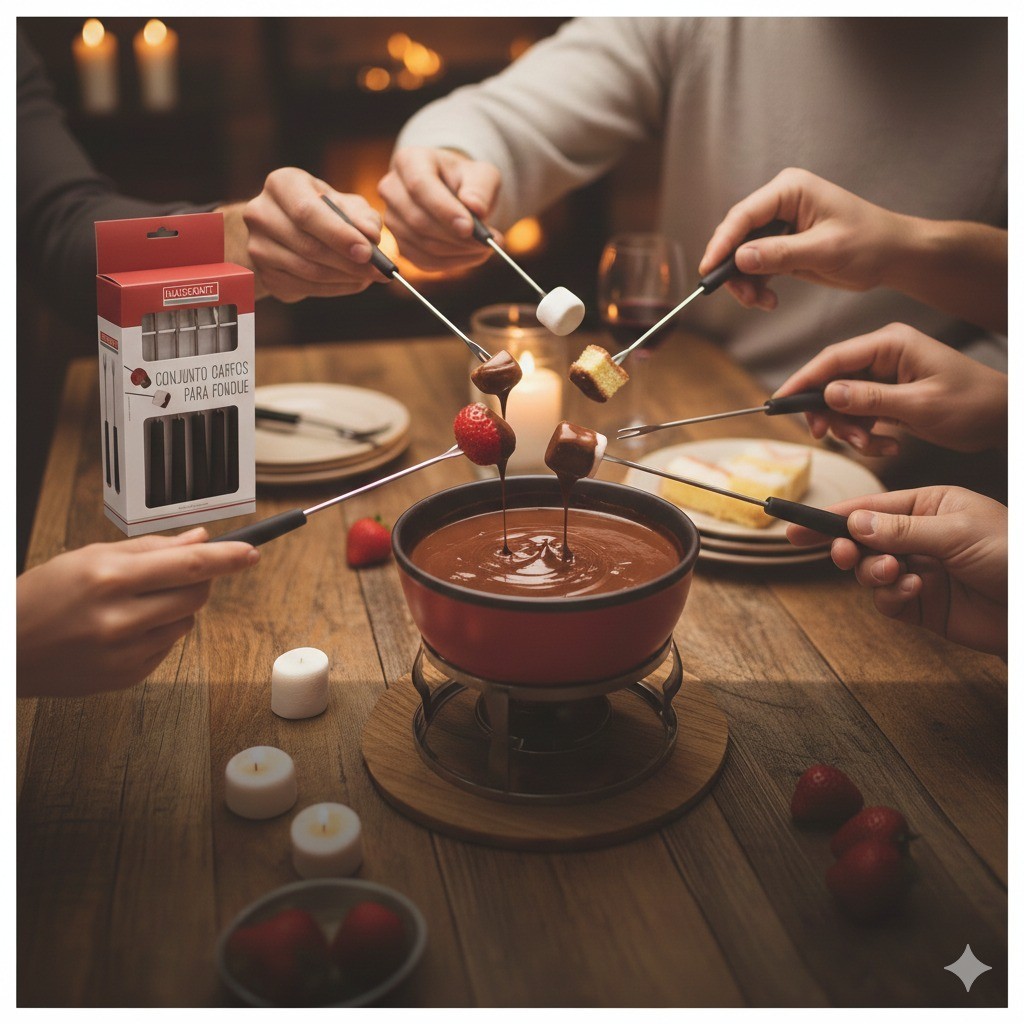 Kit 6 Garfos para Fondue fundie Inox com Cabo Preto top moderno