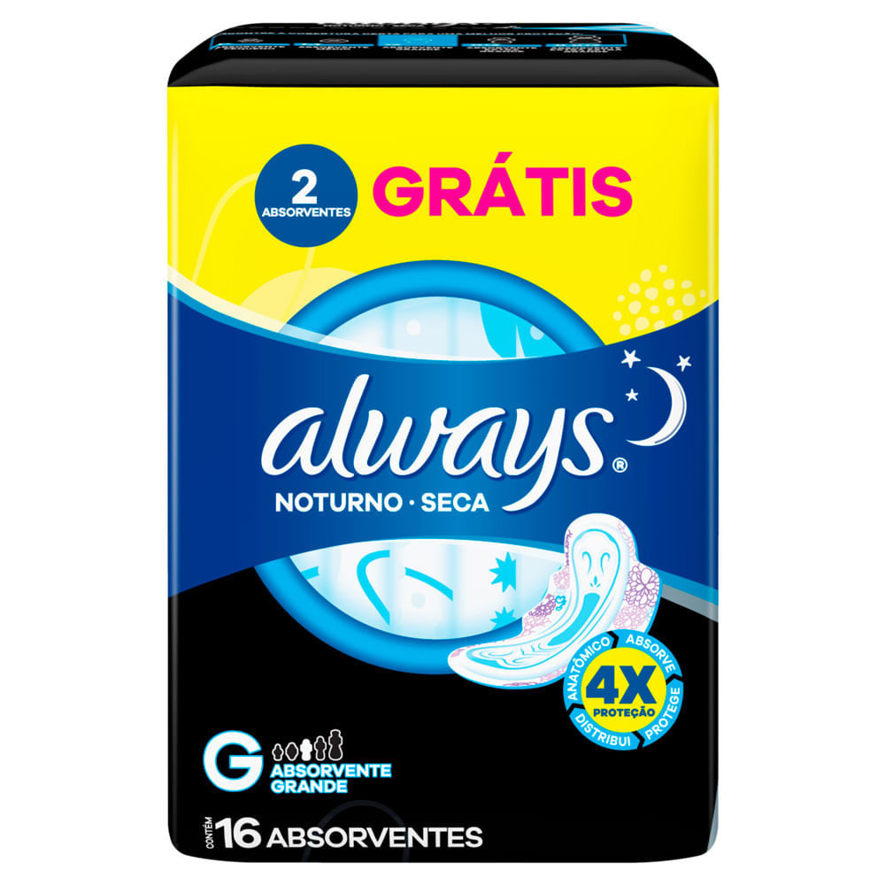 Absorvente Always Noturno Seca Tamanho G com Abas 16 Unidades em Oferta na Shopee