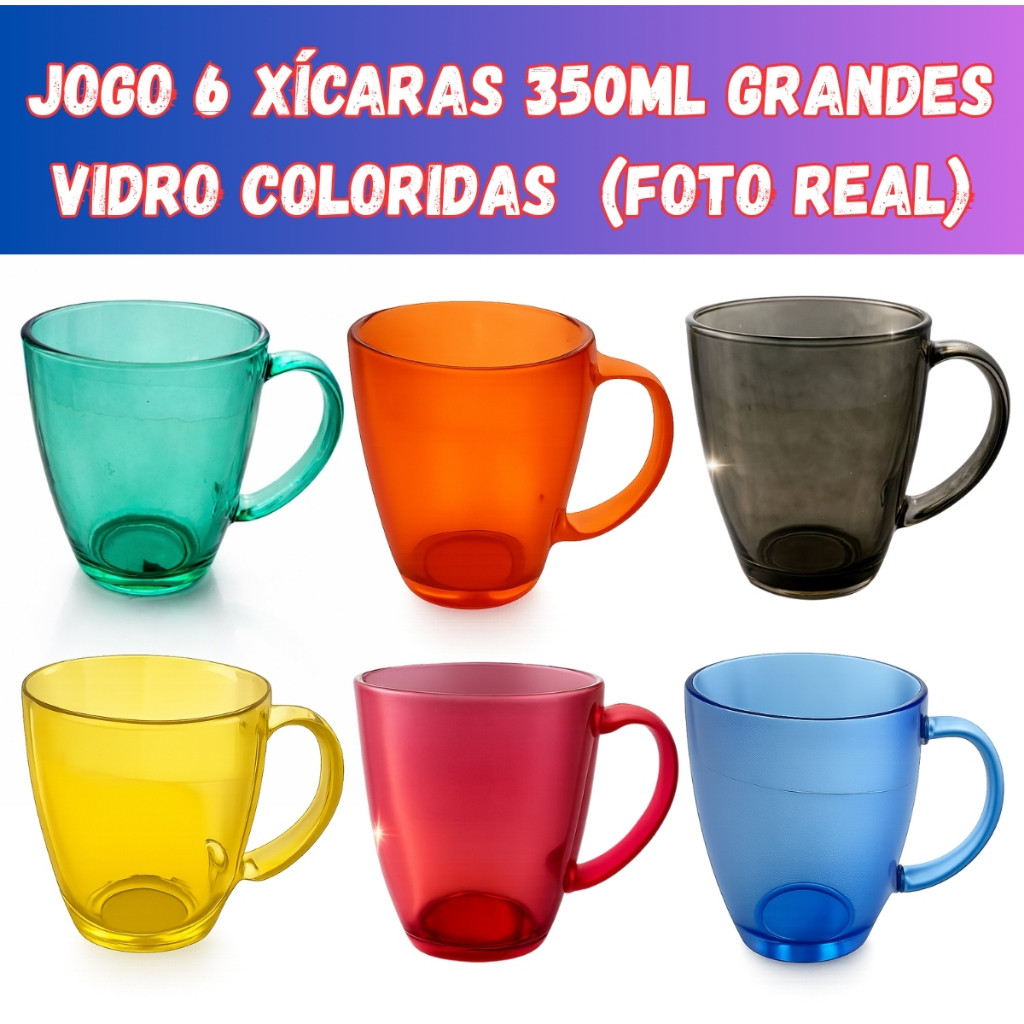 Jogo 6 Canecas Xícaras Grande Coloridas Luxo Vidro Café E Chá 350ml