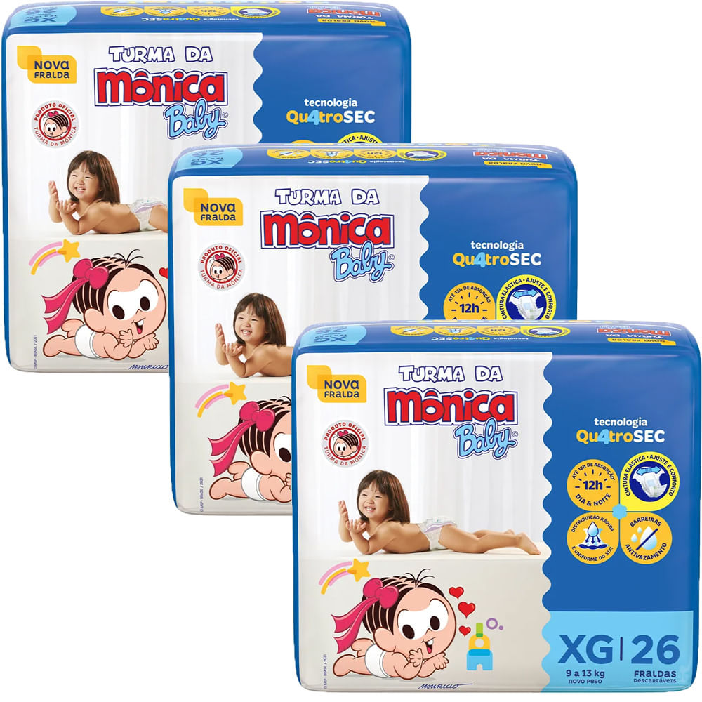 Kit 3 Fraldas Turma Da Mônica Mega XG - 78 Tiras em Oferta na Shopee