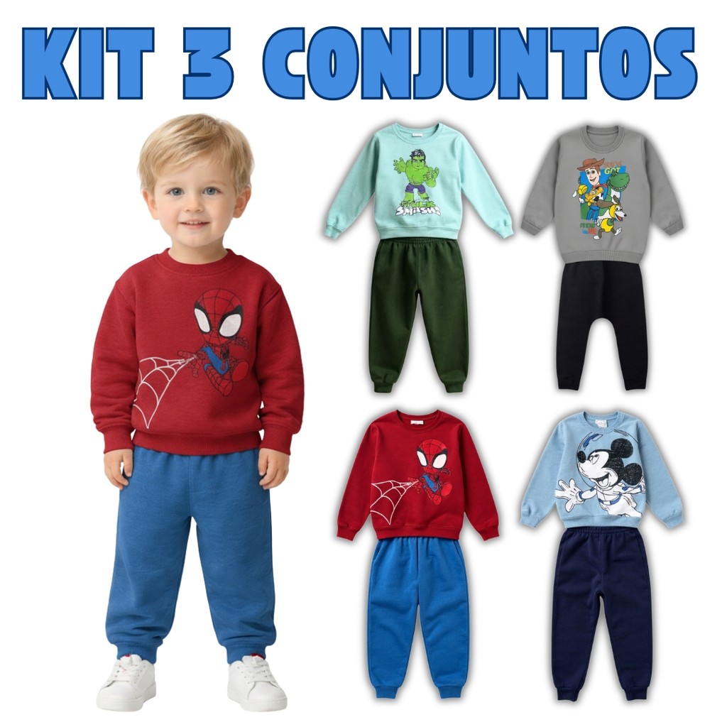 Kit 6 Peças Conjunto Moletom Infantil Menino Bebê P ao GG Masculino Frio Inverno Personagens Mickey Homem Aranha