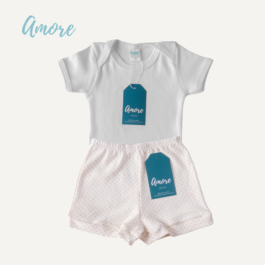 Conjunto Body Manga Curta Amore Bege e Short Bolinha  100% Algodão