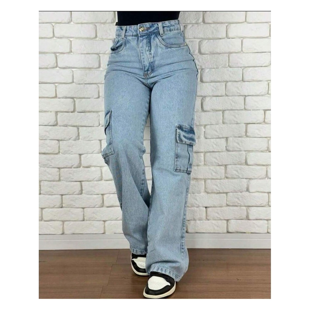 Calça Jeans Cargo Wide Leg Premium Confortavel Tendencia
