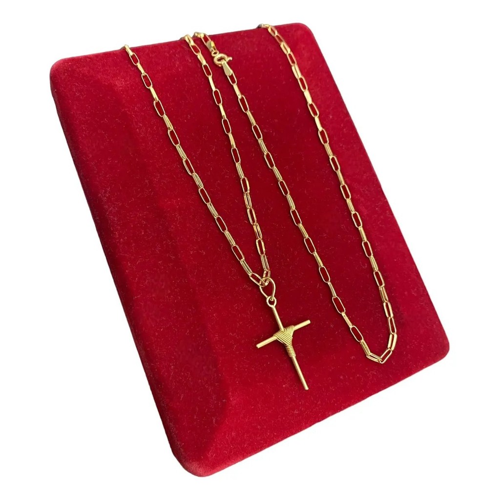 Cordão De Ouro Maciço 18k Cadeado Alongada + Ping Cruz 2.9g