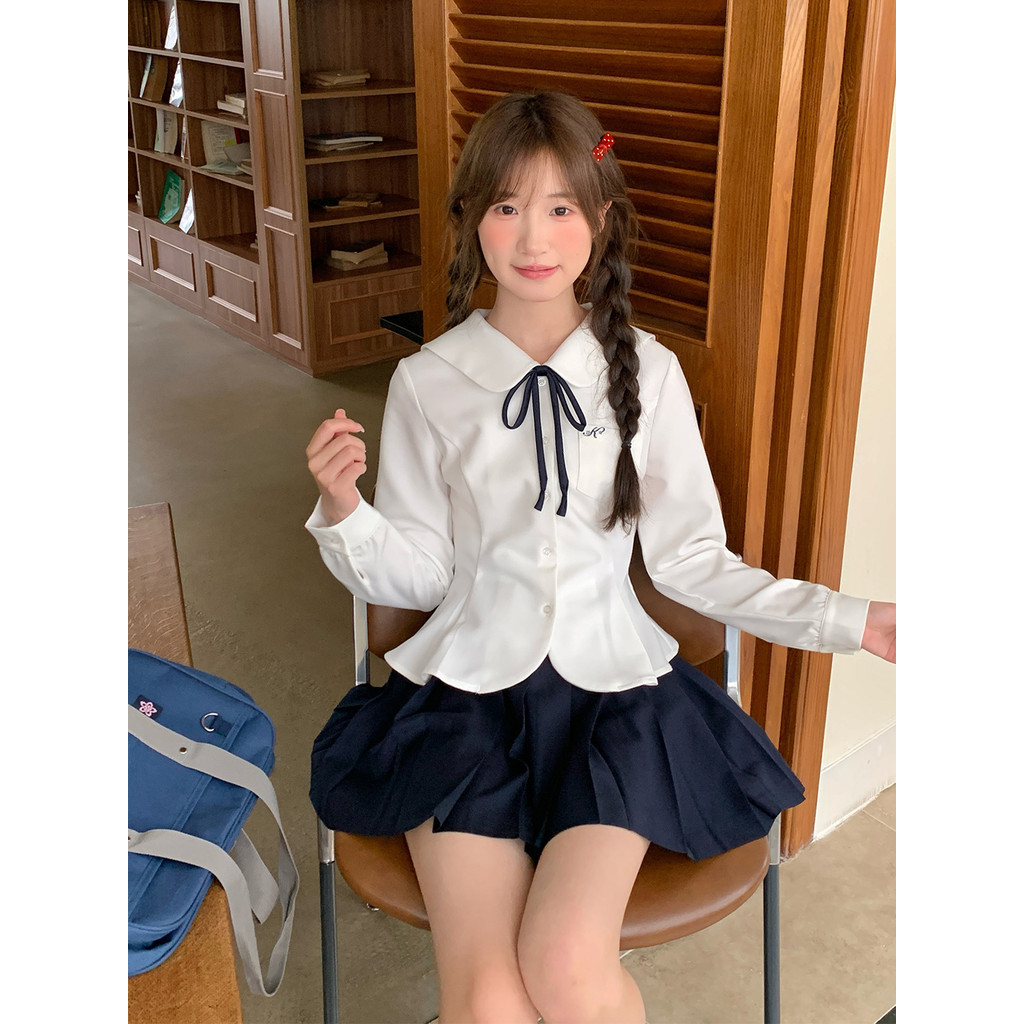 Tokyo Year-Old Times jk Preppy Estilo Branco Camisa de Manga Comprida Pequeno Estilo Japonês Slim-fit Saia de Cintura Es