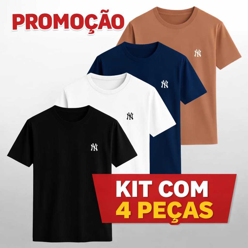 Kit 4 Camisetas Masculina Slim Fit Camisa 100% Algodao Básica NY New York