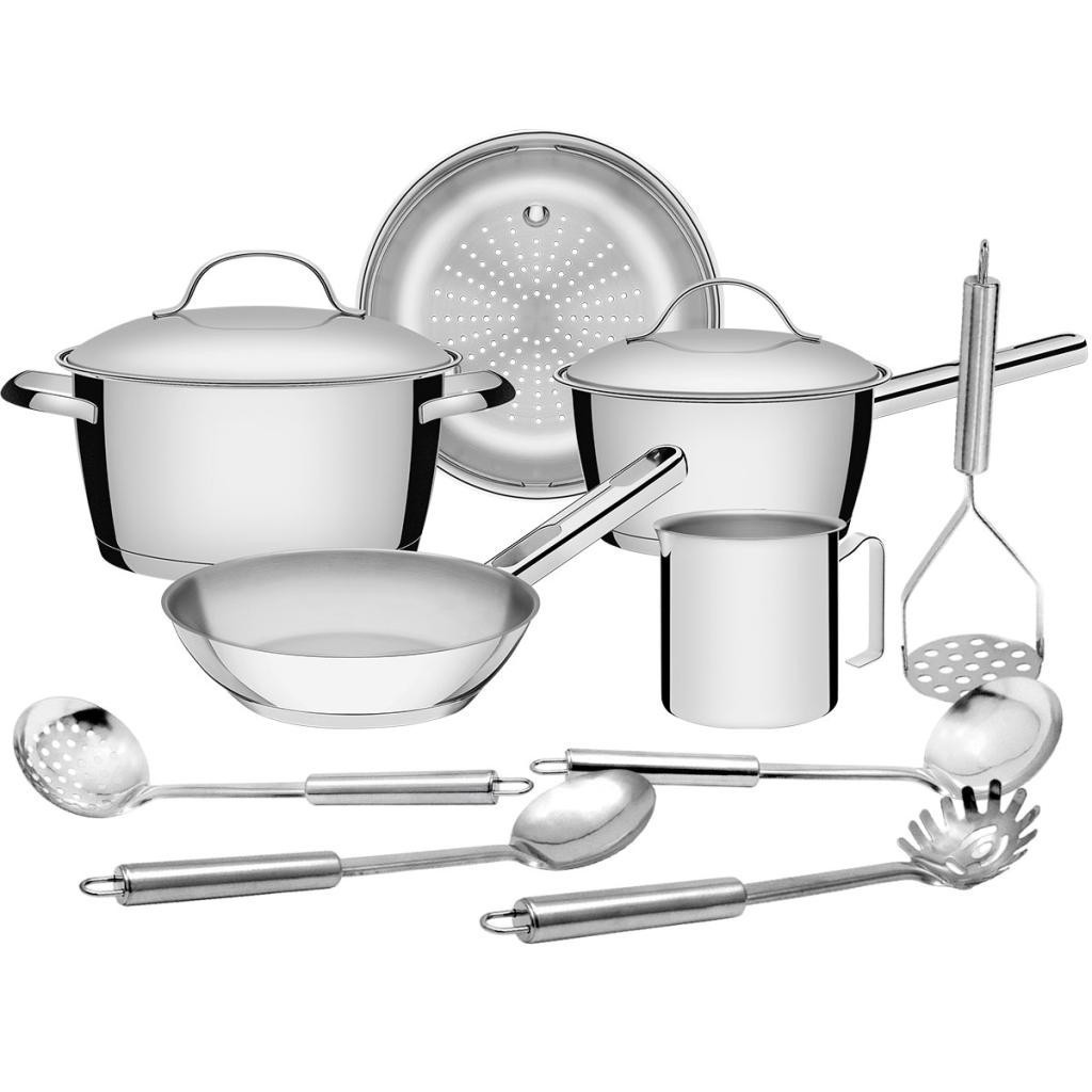 Jogo de Panelas Tramontina Allegra em Aço Inox com Fundo de Indução e Utensílios Inox Tubular 10pçs em Oferta na Shopee