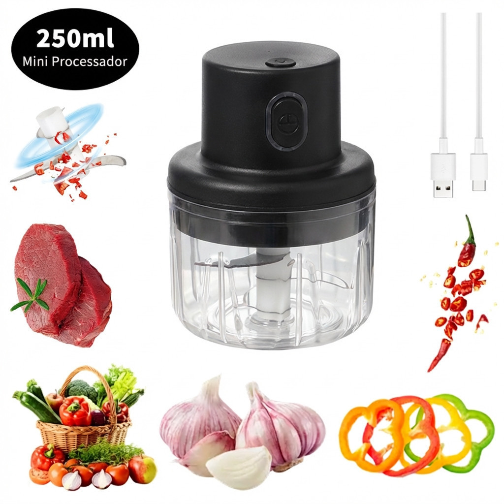 Mini Processador Elétrico de Alimentos 250ml Portátil Carne Vegetais Recarregável USB Bivolt