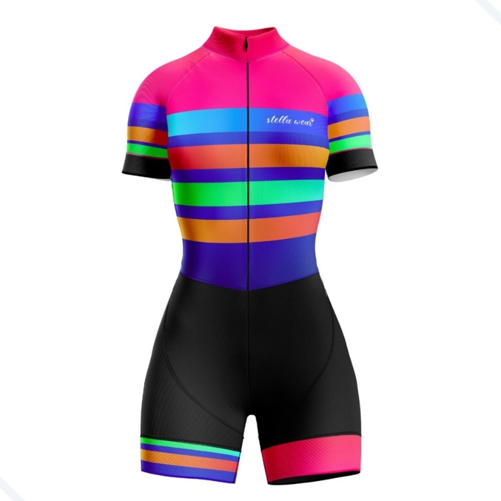 Macaquinho Ciclismo Feminino com Gel Acolchoado Bike MTB Speed Confortável Dry Fit Listras Coloridas — imagem 1