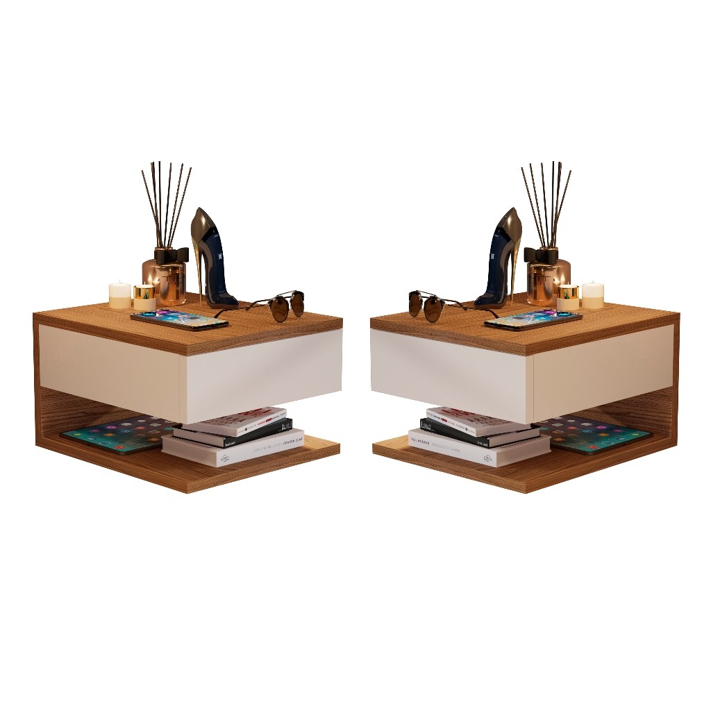 Kit 2 Mesas De Cabeceira Suspensa Freijó Off Gaveta Corrediças Metálica em Oferta na Shopee