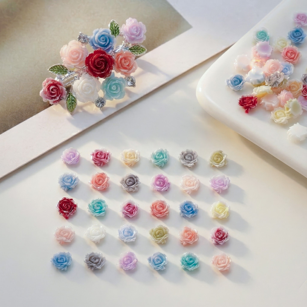St.kunkka 50 Peças Mini Resina Rosa Flor Colorida Amuletos Para Faça Você Mesmo Brinco Pulseira Acessórios Arte Em Unhas