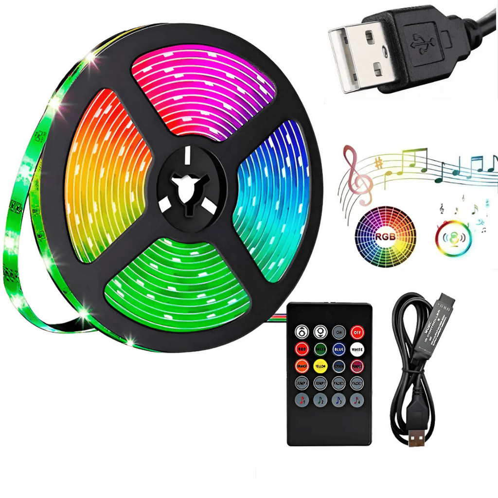 Fita led 5m/3m rgb usb 5v com sincronização musical, luz de fundo rgb para tv e controle remoto.