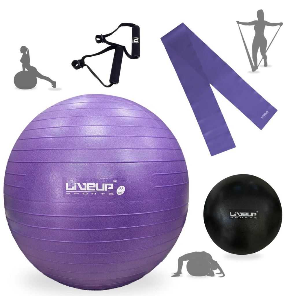 Bola Suiça Pilates 55cm + Mini Bola Overball 25cm com Inflador + Faixa Elástica com Puxador