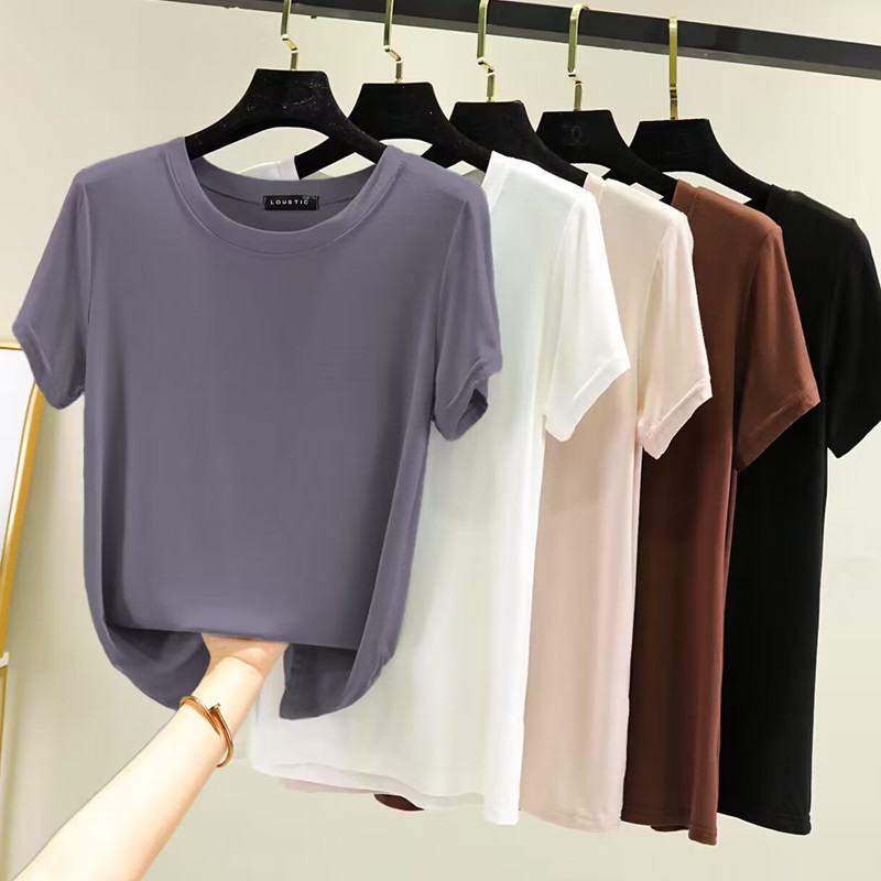 Fino simples Modal em torno do pescoço de manga curta camiseta feminina verão Plus Size camisa de fundo interno All-Matc