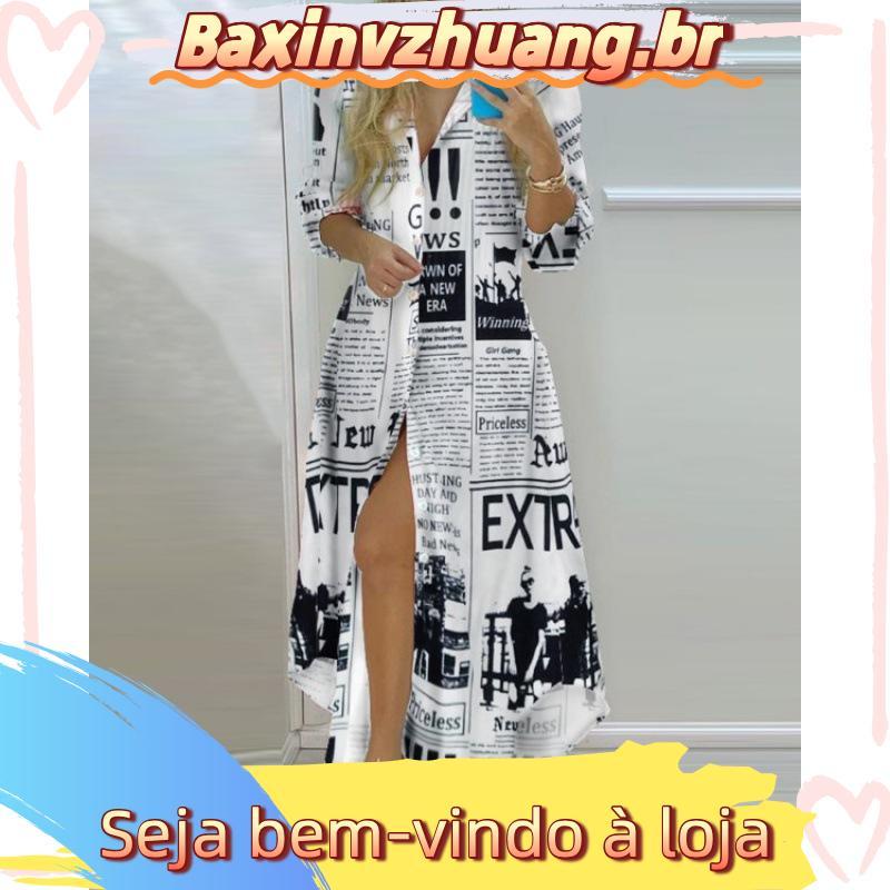 Vestido Feminino Longo Solto Listrado Com Estampa E Botões Casual