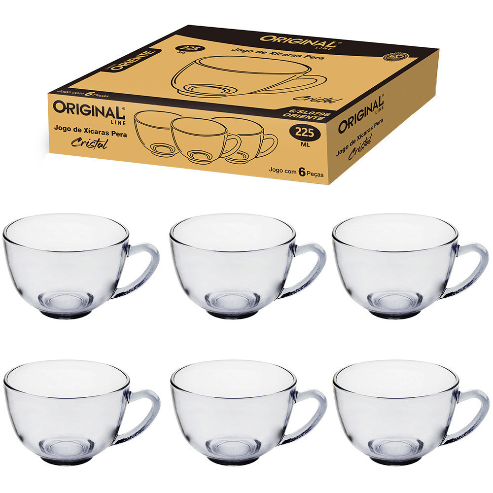 JOGO 6 XICARAS VIDRO 225 ML CRISTAL PERA IDEAL PARA CHA CAFE