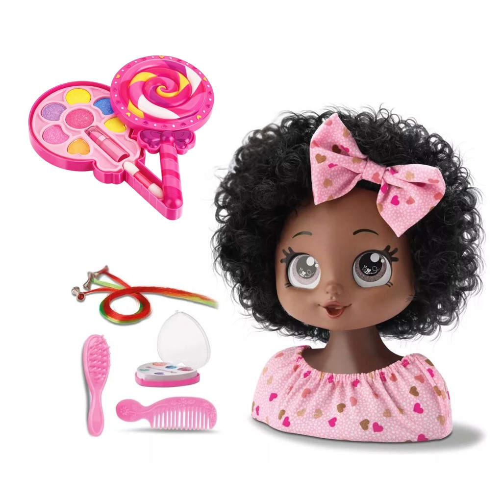 Kit Paleta de Maquiagem Lollipop Atóxica Com Busto Boneca Negra 23cm Brinquedo Infantil Beleza e Diversão Completa