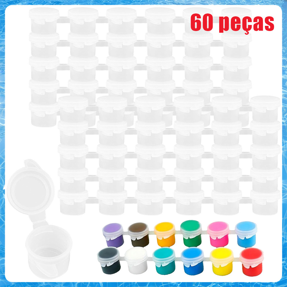 10 Tiras 60 Potes de Tinta Vazios 3ml com Tampa – Plástico Transparente, para Artesanato e Escola, Mini Recipientes