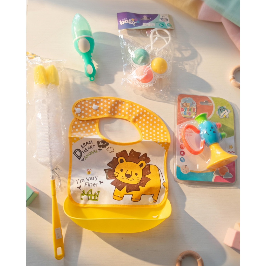 Kit Introdução Alimentar Bebê Babador Silicone/Chupeta Frutas/Chocalho/Escova/Brinquedo