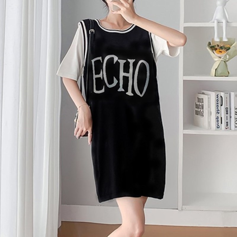 Roupa de maternidade verão novo estilo colete saia falsa de duas peças de manga curta fina camiseta solta manga de compr