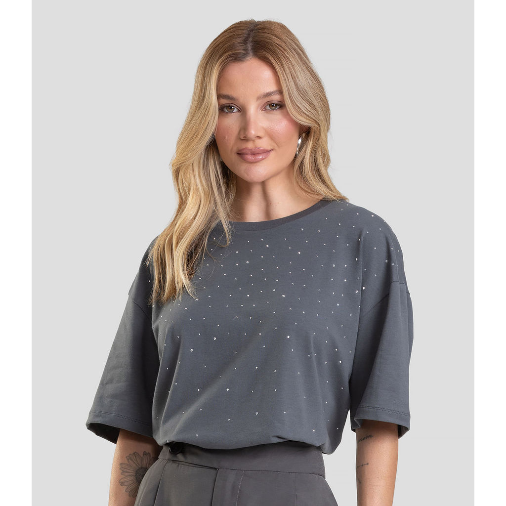 T- Shirt Box Feminina com Strass Dianna Cinza em Oferta na Shopee