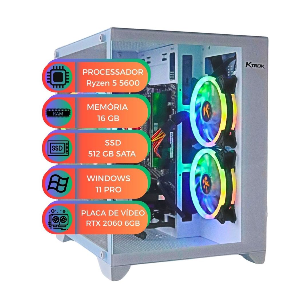 PC Gamer Branco Processador Ryzen 5 5600 Placa de Vídeo RTX 2060 6GB Ram 16GB SS