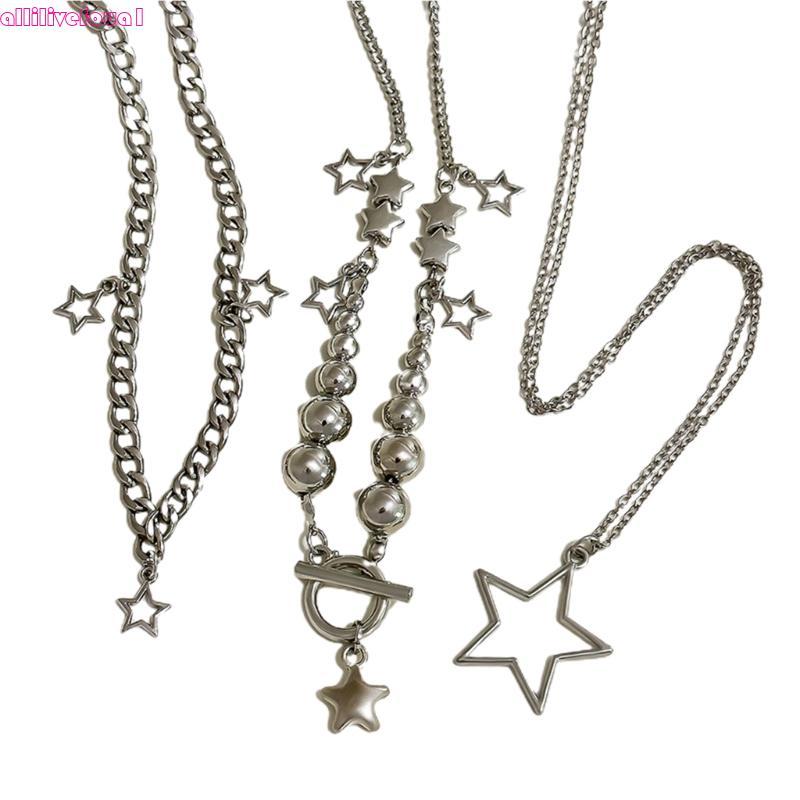 allilivefoua1 3 Peças Hip Hop Estrela Colar Conjunto Design Neckchain Empilhável Corrente Clavi