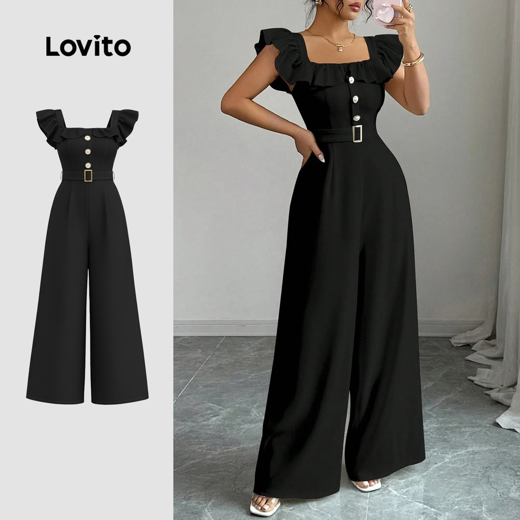 Lovito Macacão elegante com babados e cinto primavera/verão macacão preto para mulheres LK3LD363 em Oferta na Shopee