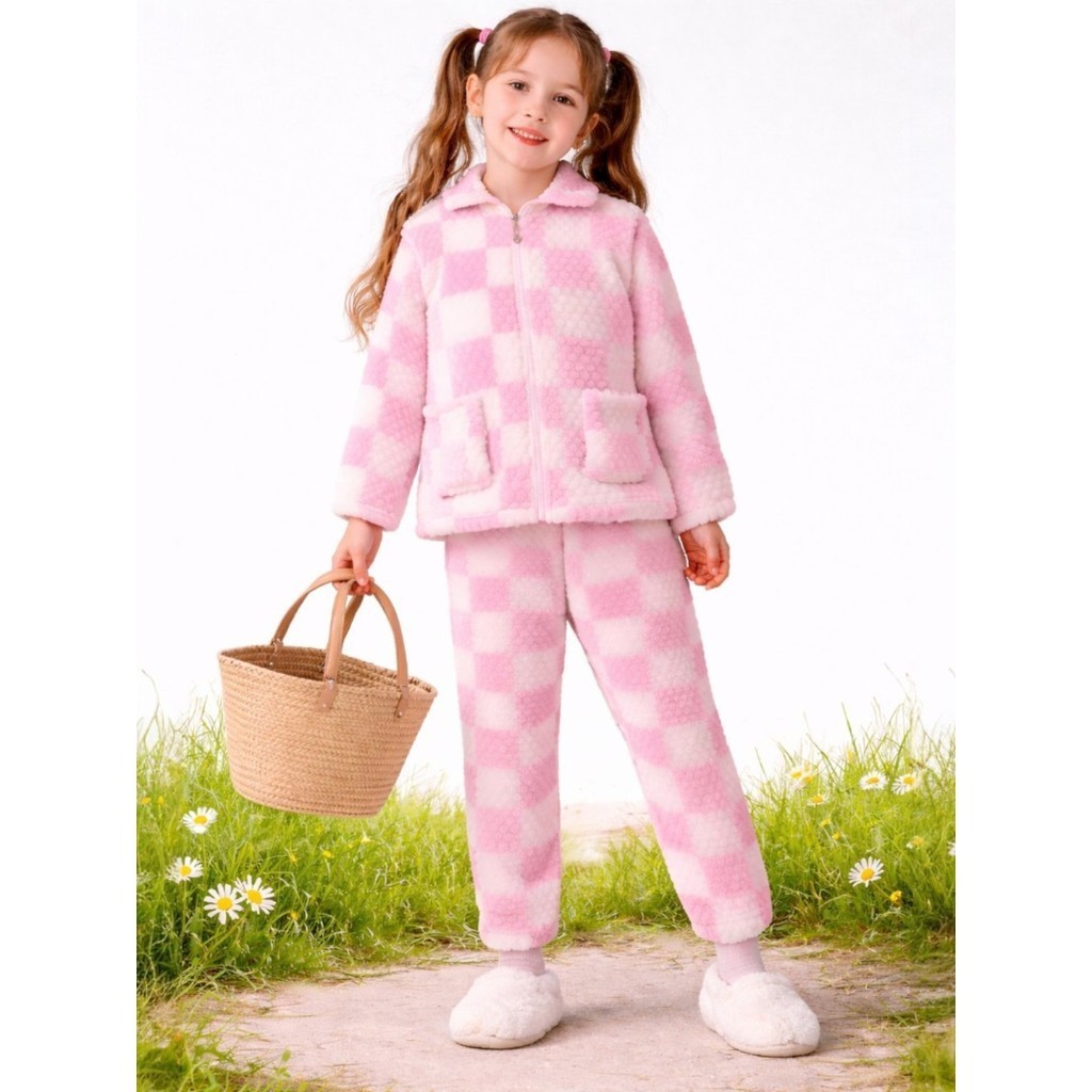 Pijama Feminino Infantil Inverno Soft Peluciado Xadrez Conjunto Com Zíper Jaqueta E Calça Confortável