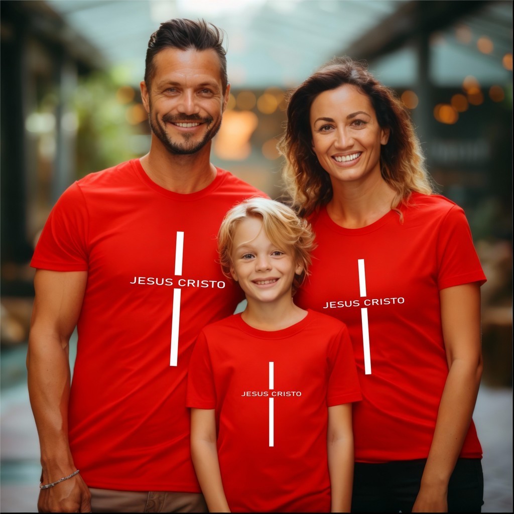 Camiseta Cristã Estampa Jesus Cristo Cruz Kit Família Feminina Masculino Infantil 100% Algodão