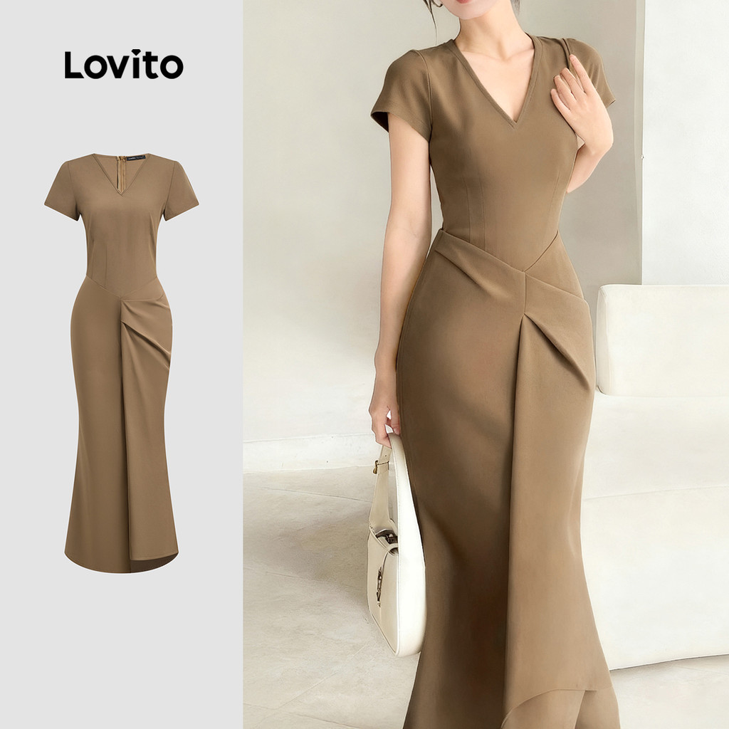 Lovito  Vestido Casual Plissado Assimétrico Primavera/verão Cáqui para Mulheres L171ED1021 em Oferta na Shopee