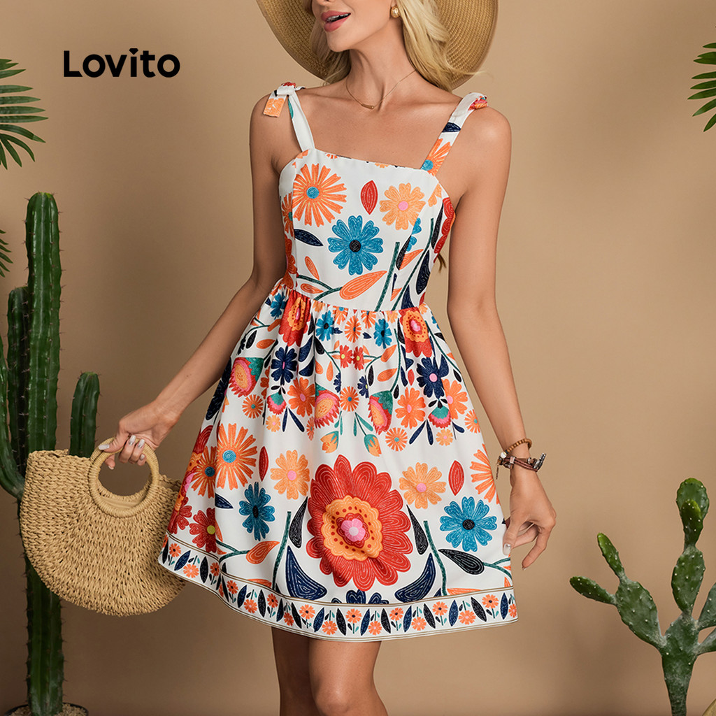 Lovito  Vestido Boho Amarrar Na Frente Primavera/verão para Mulheres LBL32090 em Oferta na Shopee