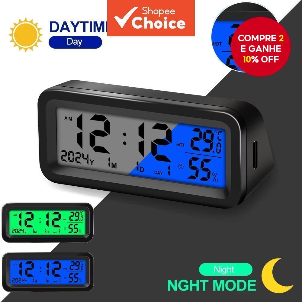 Relógio Digital LCD para Carro com Energia Solar, Medidor de Temperatura e Umidade com Luz de Fundo, Relógio de Painel