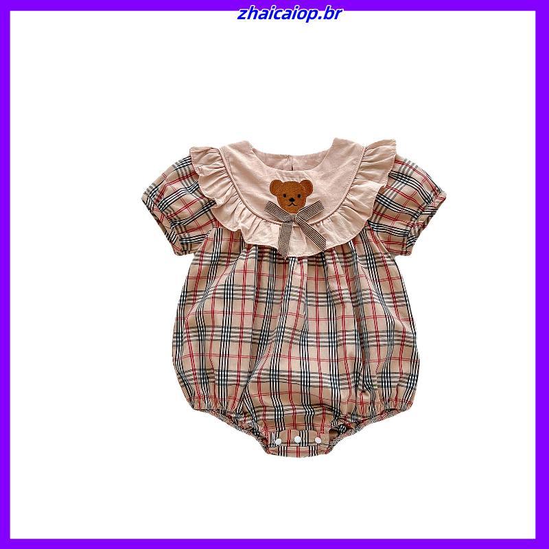 Roupas de bebê roupas de verão fino macacão recém-nascido bebê menina pequeno urso xadrez triângulo saco peido roupas bo