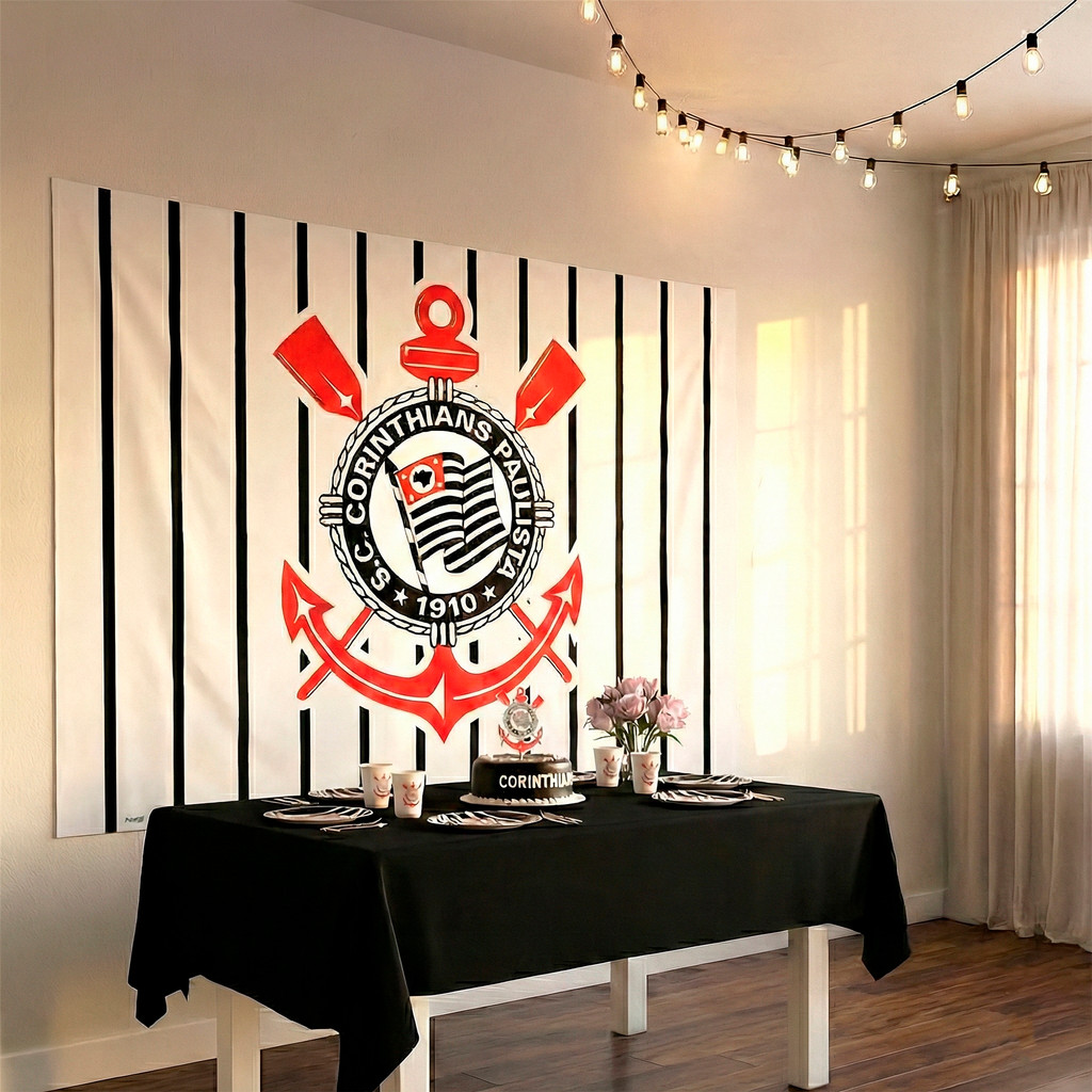 Kit Festa Corinthians Decoração Aniversário Toalha TNT + Painel TNT cor viva