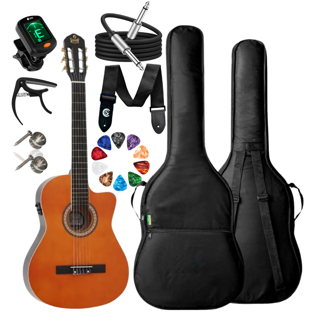Violão Myth Eletroacústico Aço Natural Orange + Dark Brown Kit Completo Com Capa Afinador Capotraste