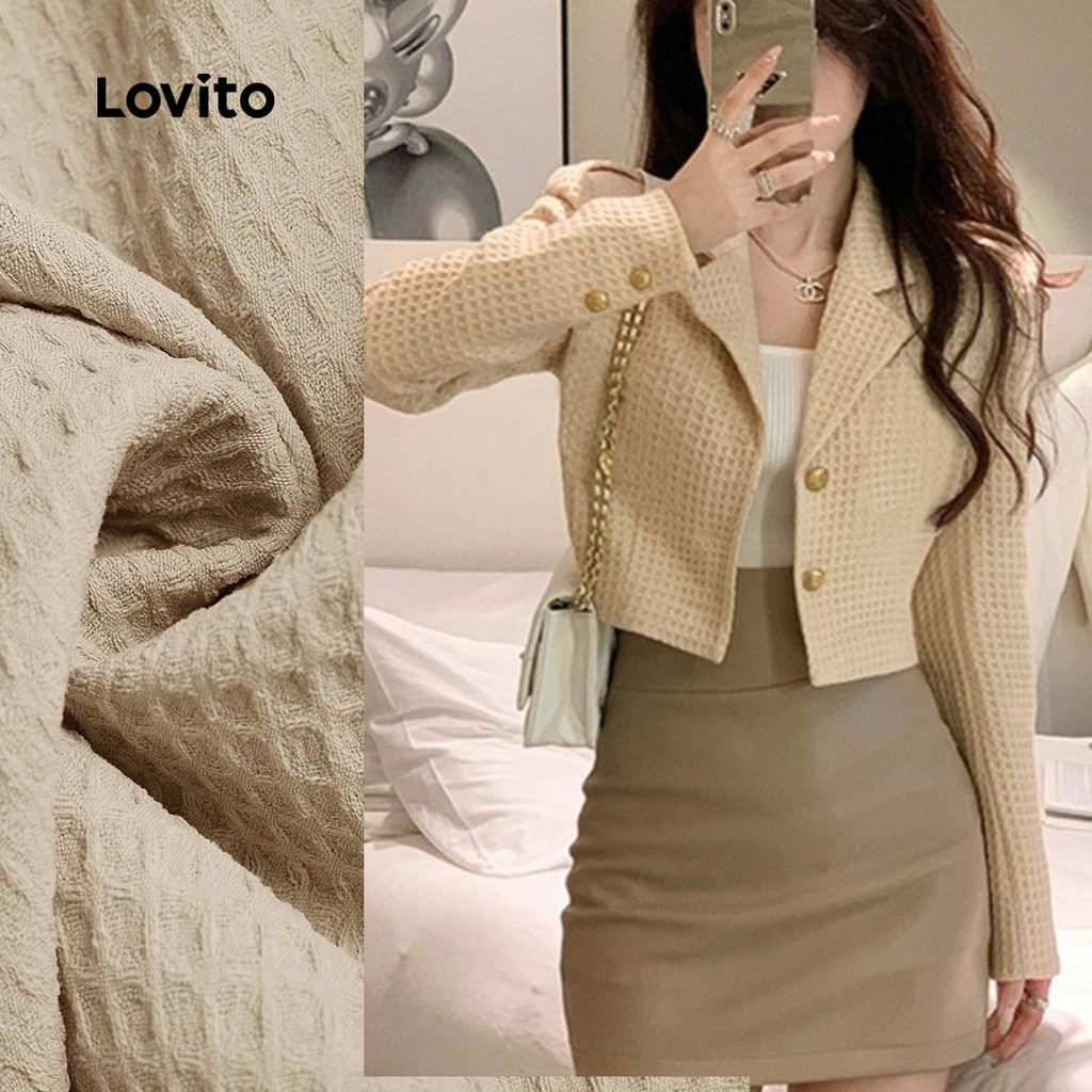 Lovito  Blazer Casual Botão Textura Commute Outono/inverno Blazer Cáqui Claro para Mulheres L173AD211 em Oferta na Shopee