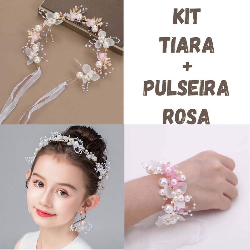 Kit Tiara + Pulseira com Pérolas Estilo Princesa | Acessório Feminino para Festa, Casamento, Batizado e Daminha