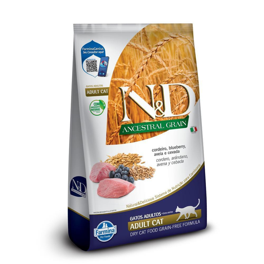 N&D Ancestral para Gatos Adultos de Todas as Raças Sabor Cordeiro, Blueberry, Aveia e Cevada 400g em Oferta na Shopee